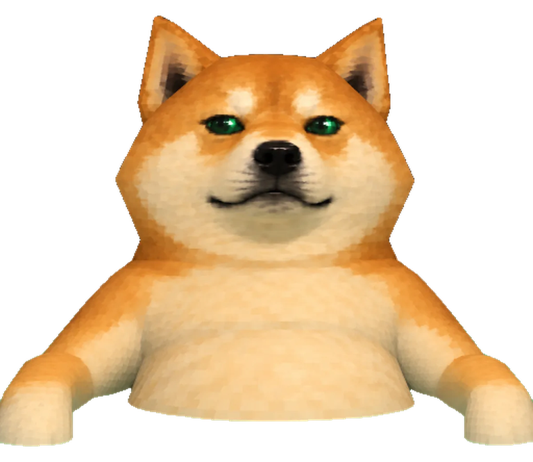 Hyper Inu, a stoic low-poly Shiba Inu with green eyes, freshly lathered and unimpressed