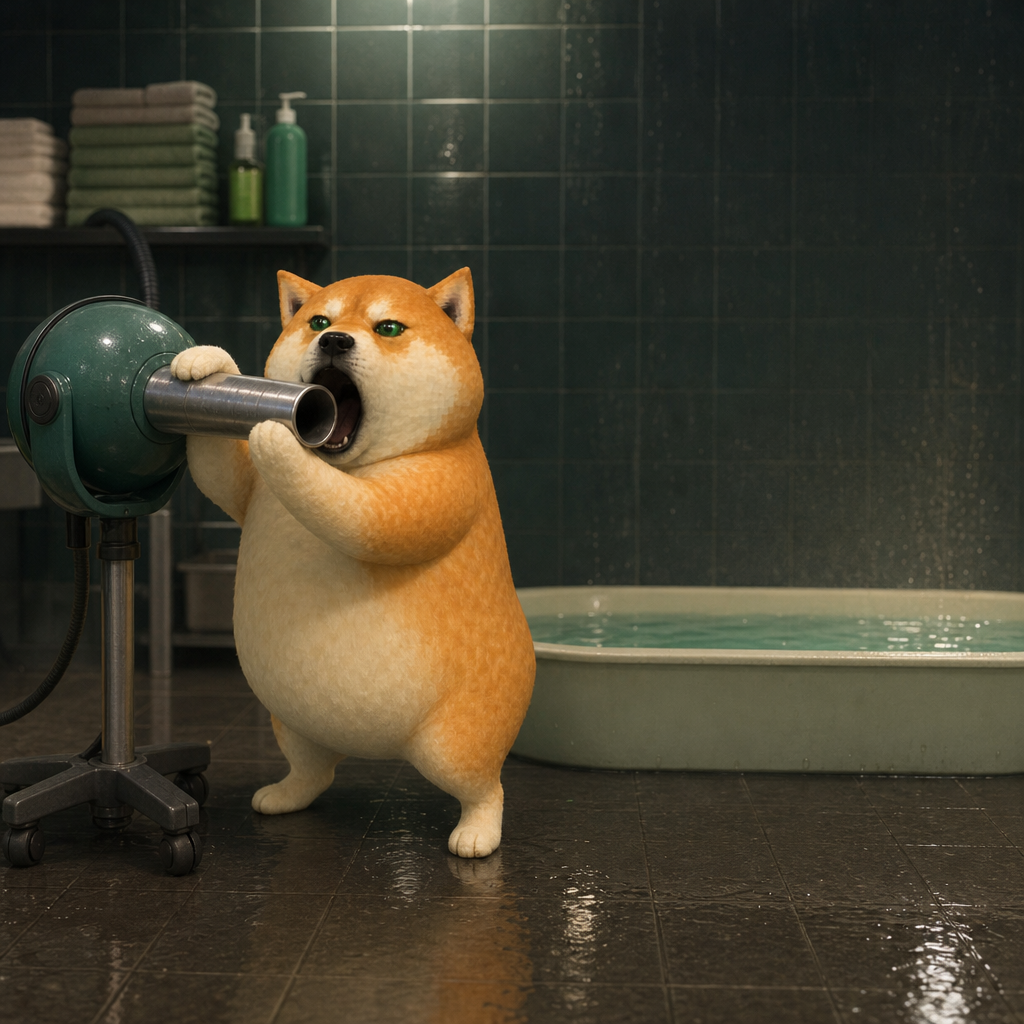 Hyper Inu standing on wet tiles, barking into the nozzle of a green grooming dryer beside a filled tub